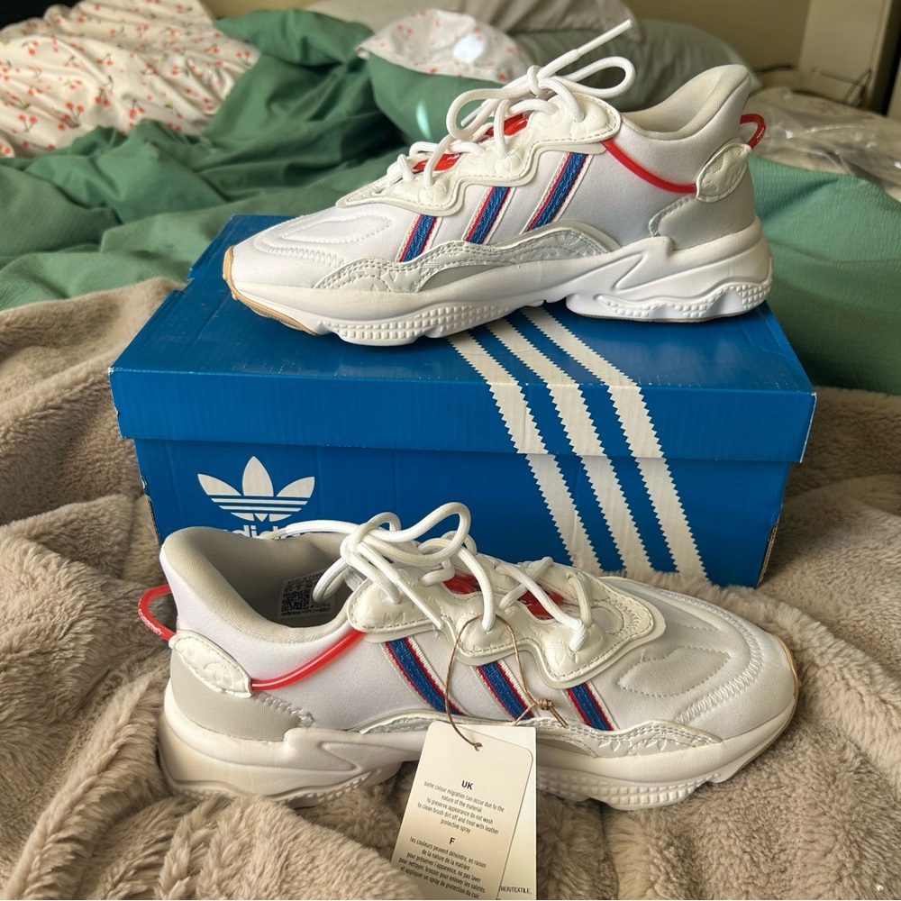 Adidas Ozweego White Sneakers with Red and Blue Accents